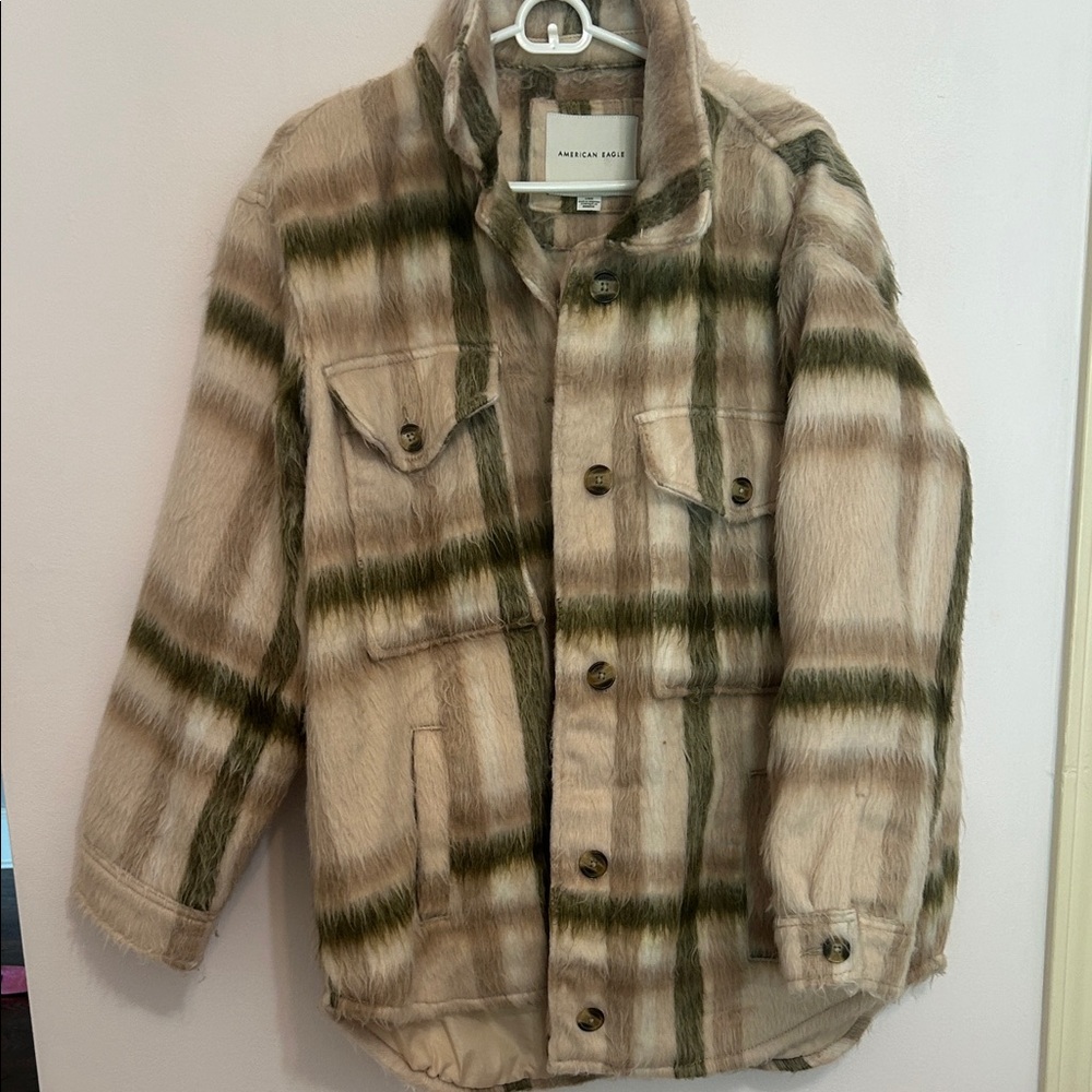 American Eagle Plaid Tan Brushed Shaggy Fur Jacket Coat Large Shacket
